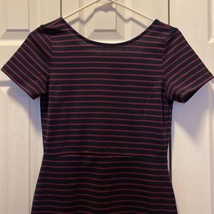 Navy and maroon striped casual scoop neck back dress